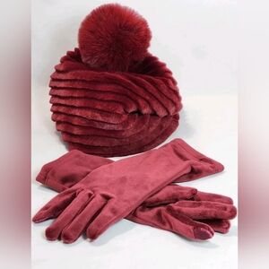 Sprigs Burgundy Faux Fur Hat and Glove Set